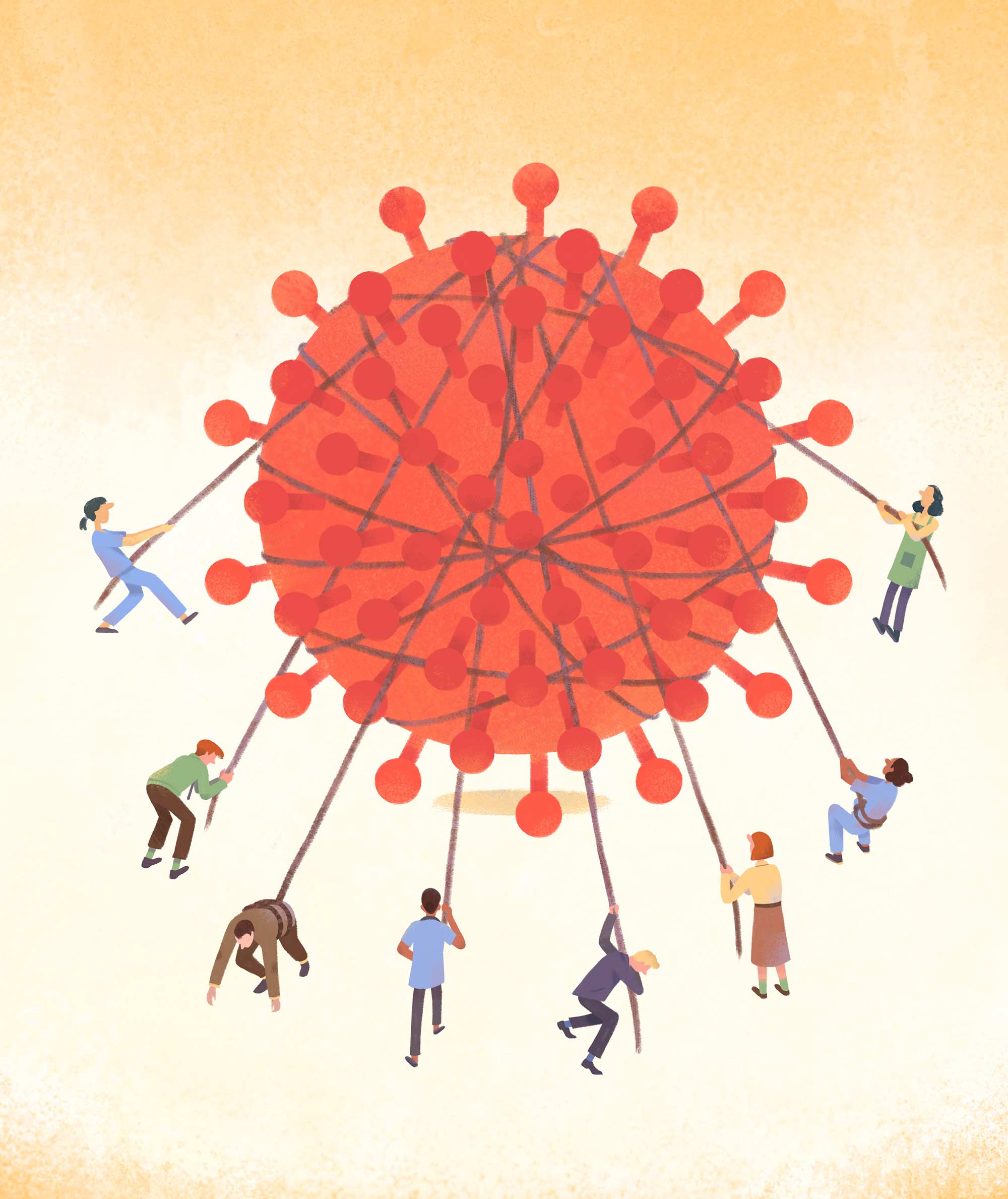 illustration of people holding onto virus with rope