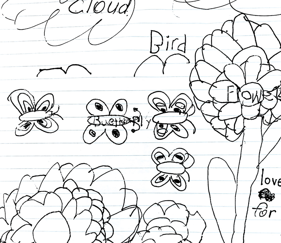 Child's drawing of flowers, bird and butterflies