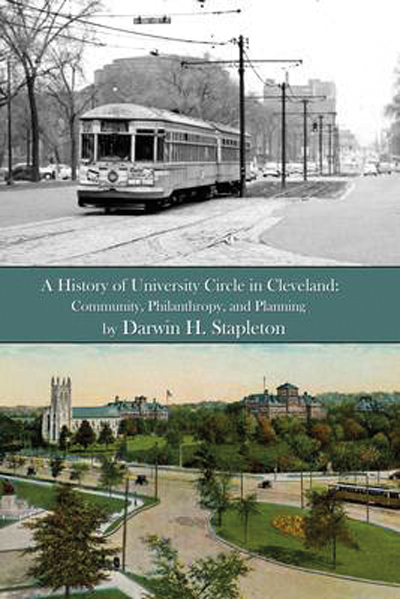 Book cover art, a trolley car and illustration of Cleveland’s University Circle
