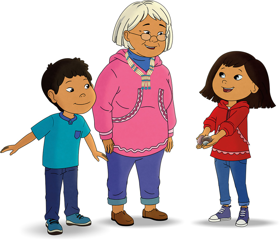 Molly of Denali wearing a red jacket, holding out shells in her hand to show an older woman, dressed in a pink hooded top, and young boy wearing a teal t-shirt
