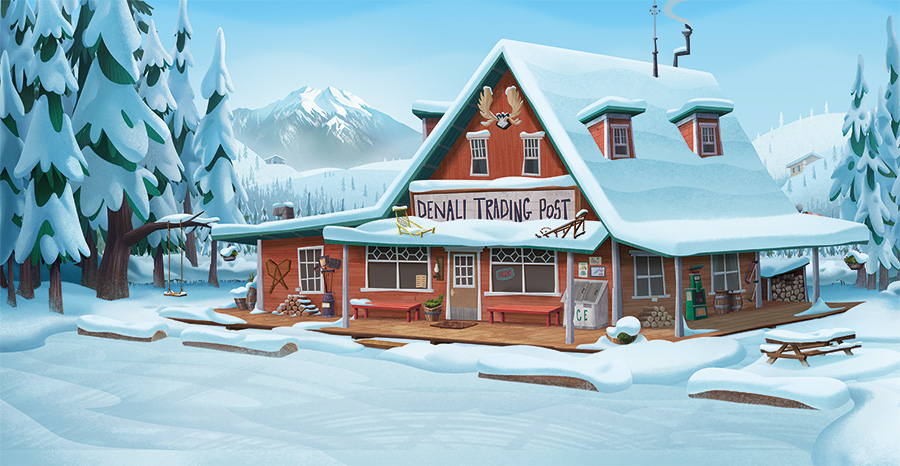 the Denali Trading Post market, surrounded by evergreens and mountains, with snow on the roof and all of its surroundings