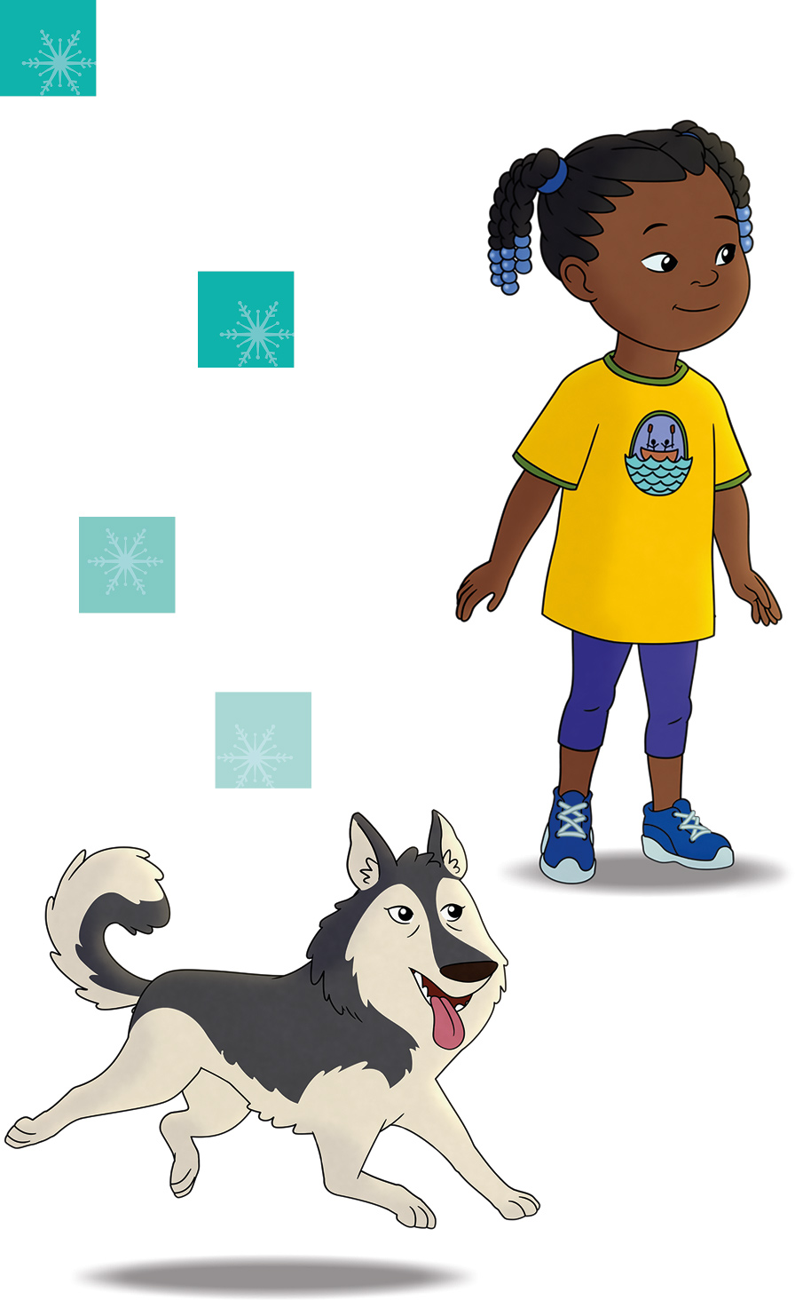 a young girl with a yellow t-shirt and purple leggings and a running husky-type dog with it’s tongue out