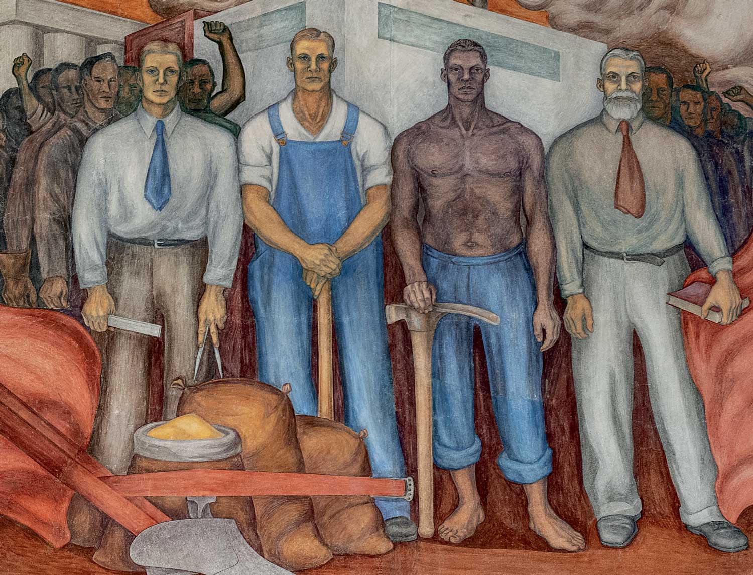 Fresco, men standing, holding implements of science and engineering
