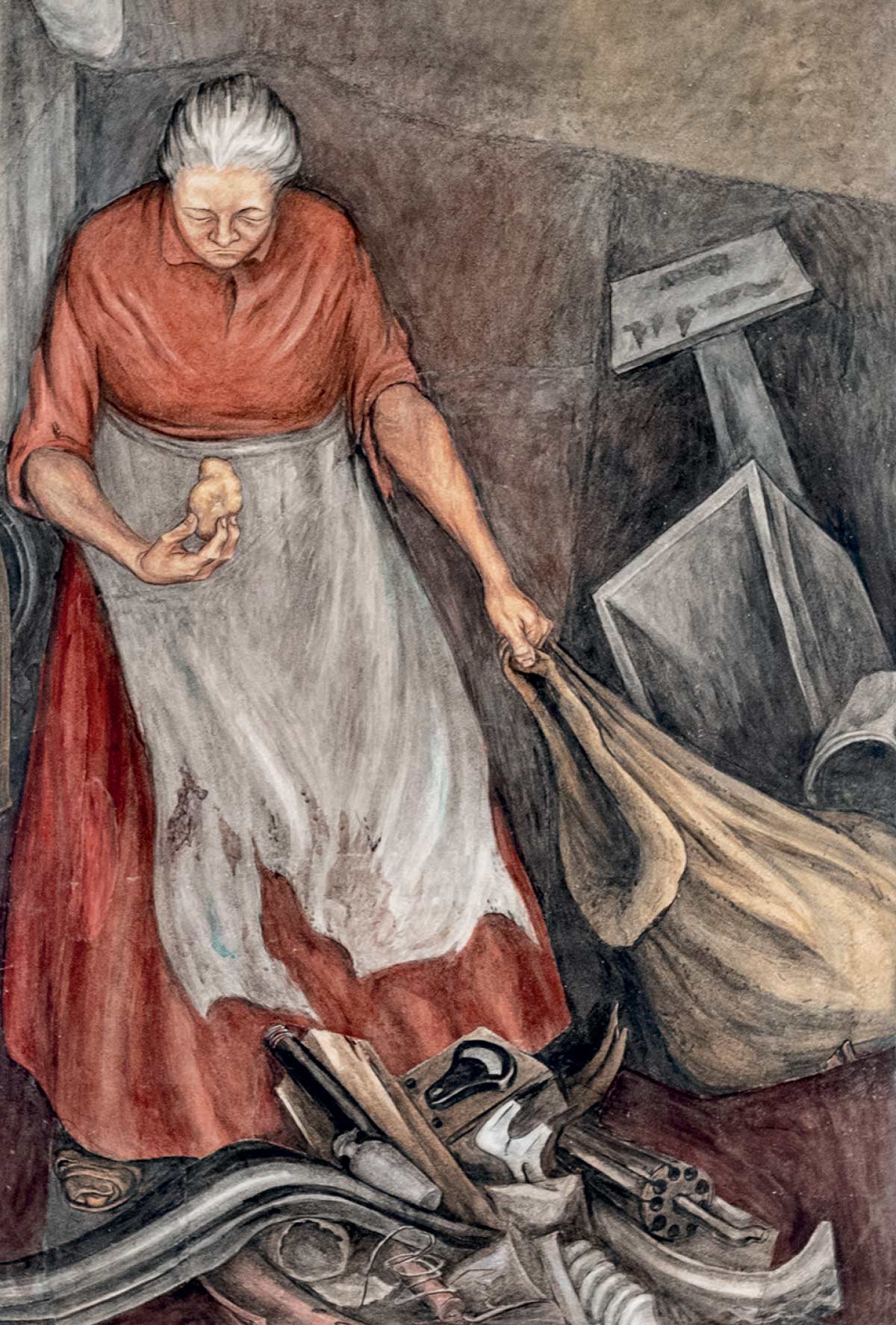 Fresco: elderly woman in tattered garment looking for food amid debris