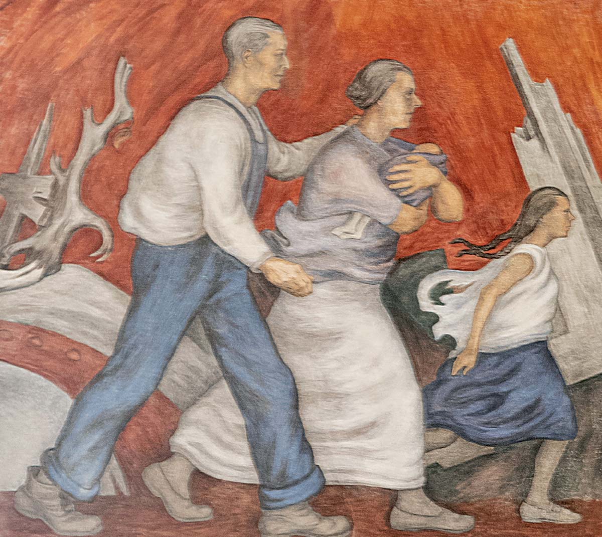 Fresco: a man, woman, baby, and girl dressed in tattered clothes, walking against a red-orange backdrop