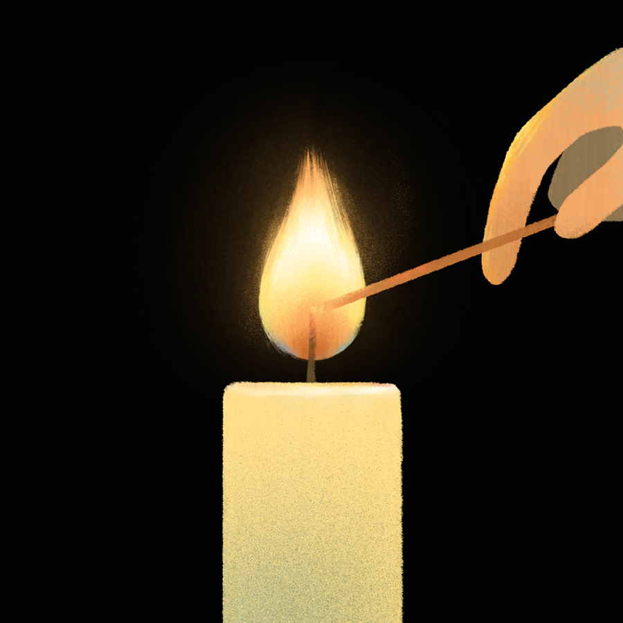 Digital painting of a hand lighting a candle with a match