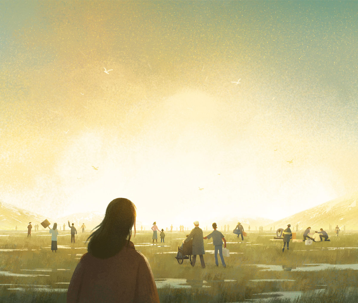 Digital painting of an imaginary landscape, with many people in a field approaching a glowing sky