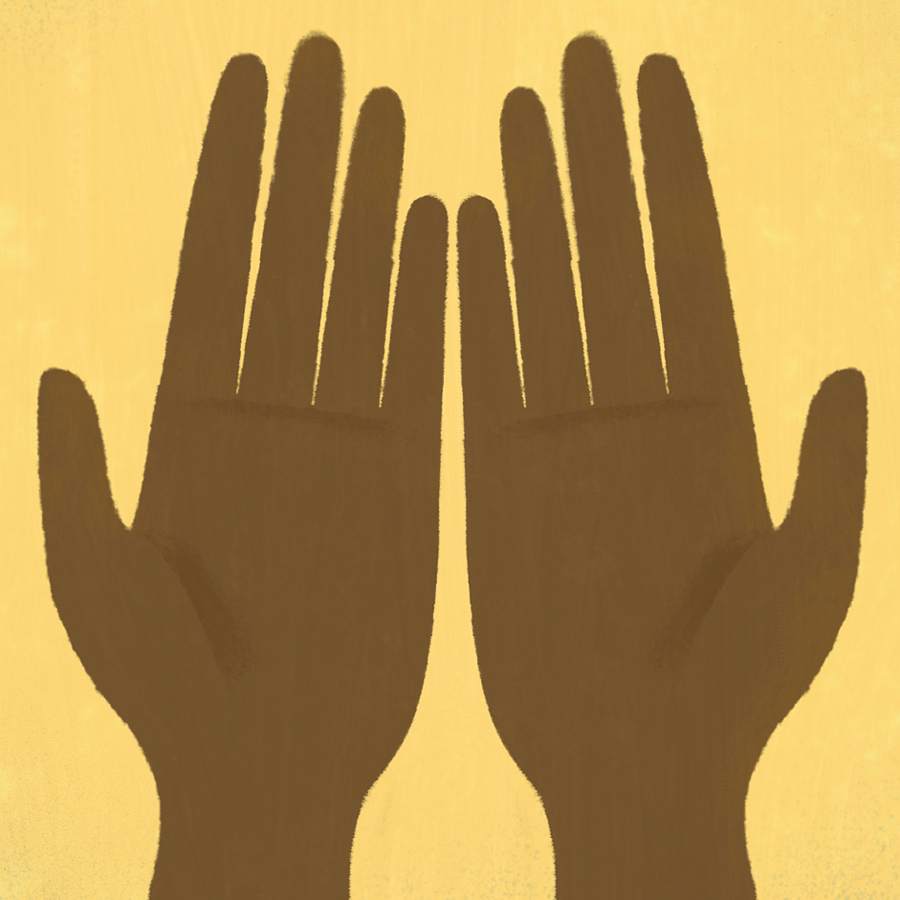Digital painting of two hands, palms up, against a yellow background