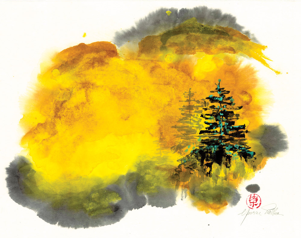 A painting of an evergreen tree with a watercolor background of yellow, orange, and gray