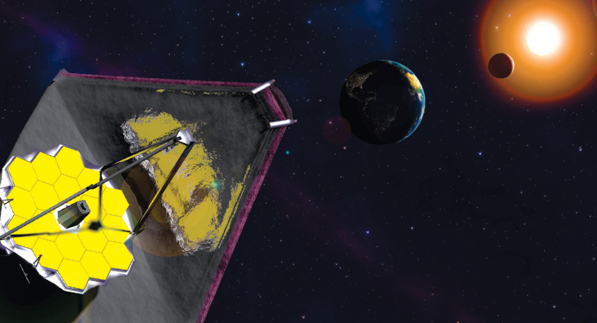 An artist’s rendering of the James Webb Space Telescope in space. The sun is in the upper right corner, shining on the moon, the Earth, and the telescope