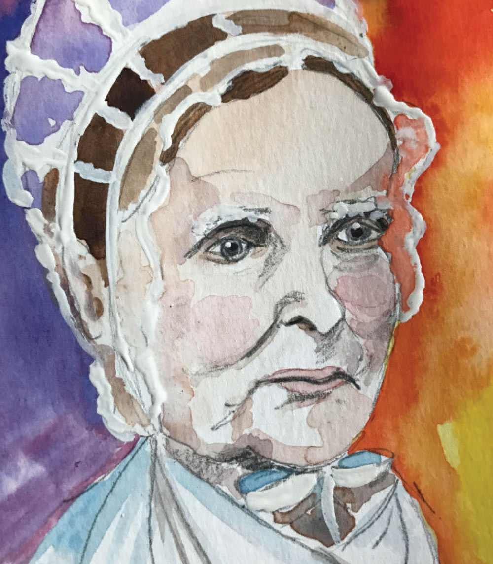 A watercolor headshot of Lucretia Mott