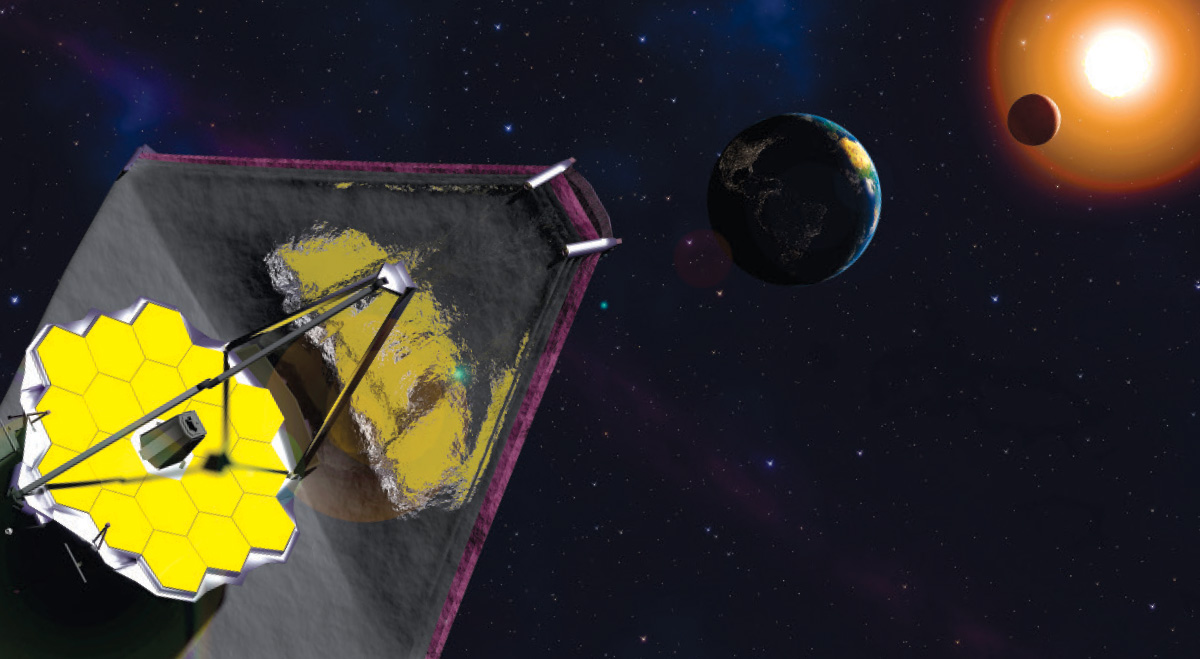 An artist’s rendering of the James Webb Space Telescope in space. The sun is in the upper right corner, shining on the moon, the Earth, and the telescope