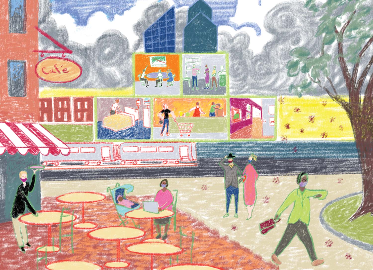 Pastel illustration of people out in society. On the left is a cafe with a woman at a table working on a laptop with a baby next to her in a stroller. A server is carrying a tray. To the right is a person wearing a green coat and looking at their watch. A couple stand together with arms linked. In the background are a train, a grocery store, a bed being made, and other images, as swirling clouds fill the sky.