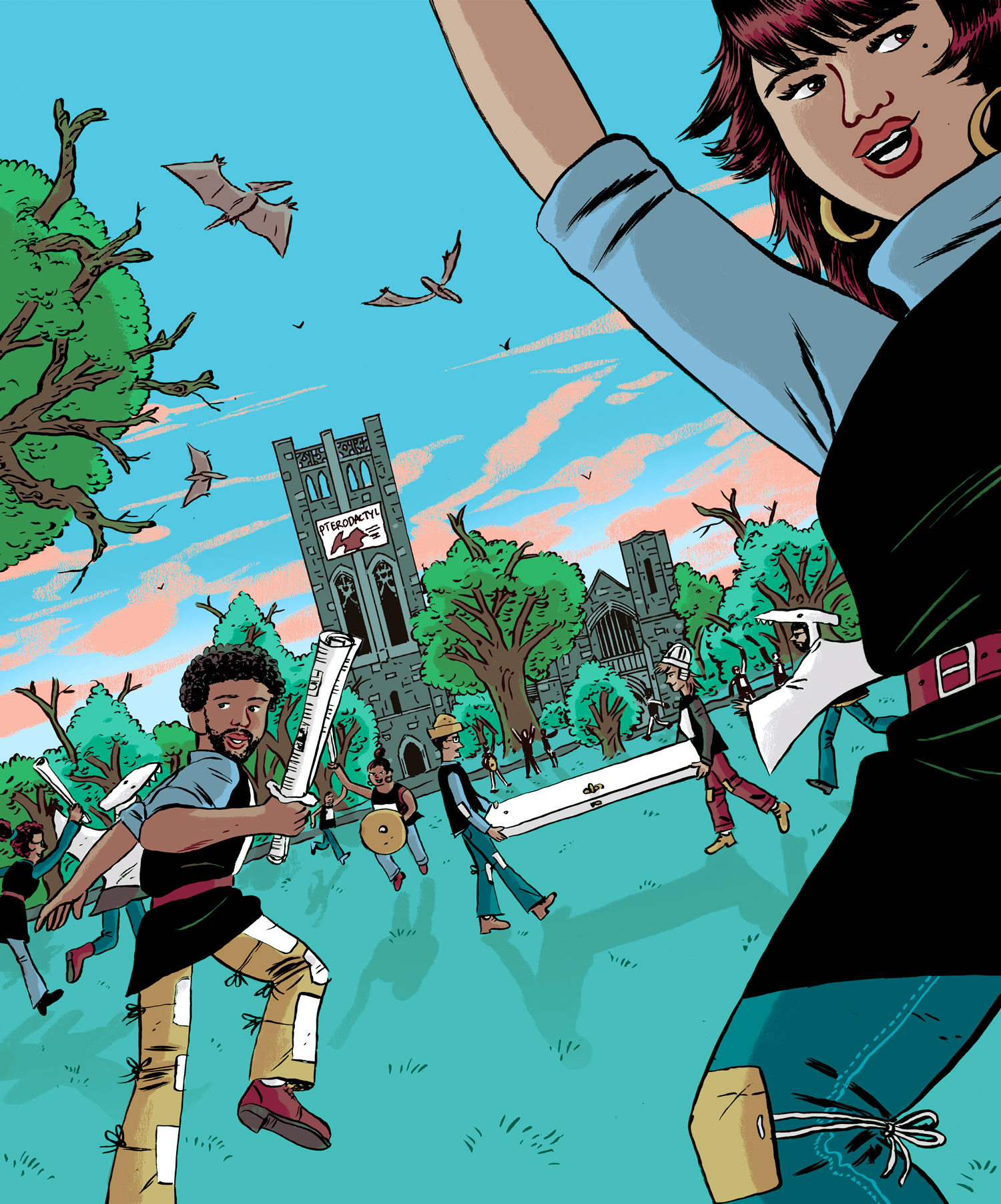A comic-book-style illustration of Swarthmore’s campus, with students running around carrying fake swords and wearing black trashbags. Another student is dressed as a white pterodactly. Pterodactyls also swarm overhead. On Clothier Tower is a “Pterodactyl” sign. Amid the chaos are two students carrying a white door.