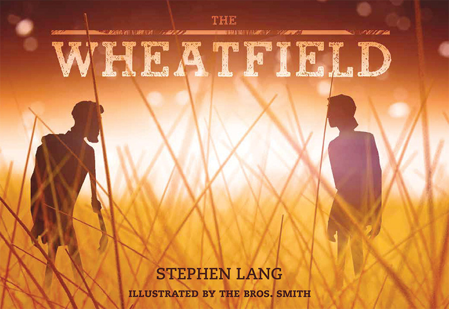 The cover of “The Wheatfield”: The illustrated silhouettes of two men in a field of wheat, drawn in a brown color palette.