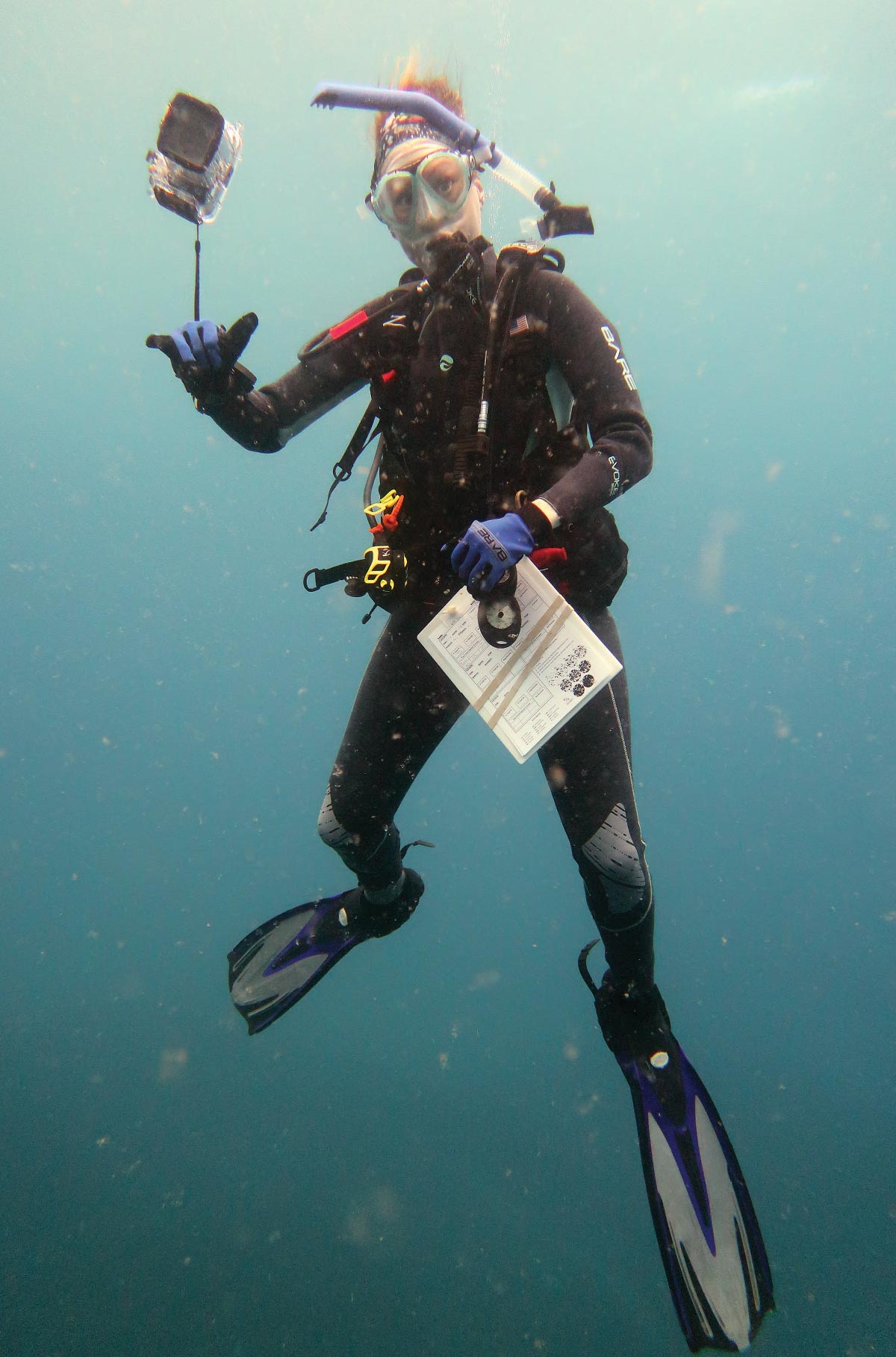 Heather Ylitalo-Ward underwater wearing a scuba suit. She is holding research notes, and a waterproof camera floats while tethered to her wrist.