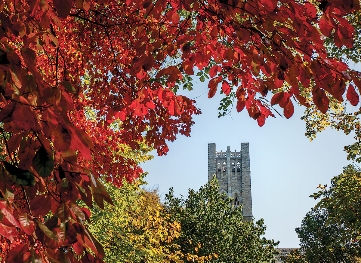 Clothier Tower framed by red tree leaves