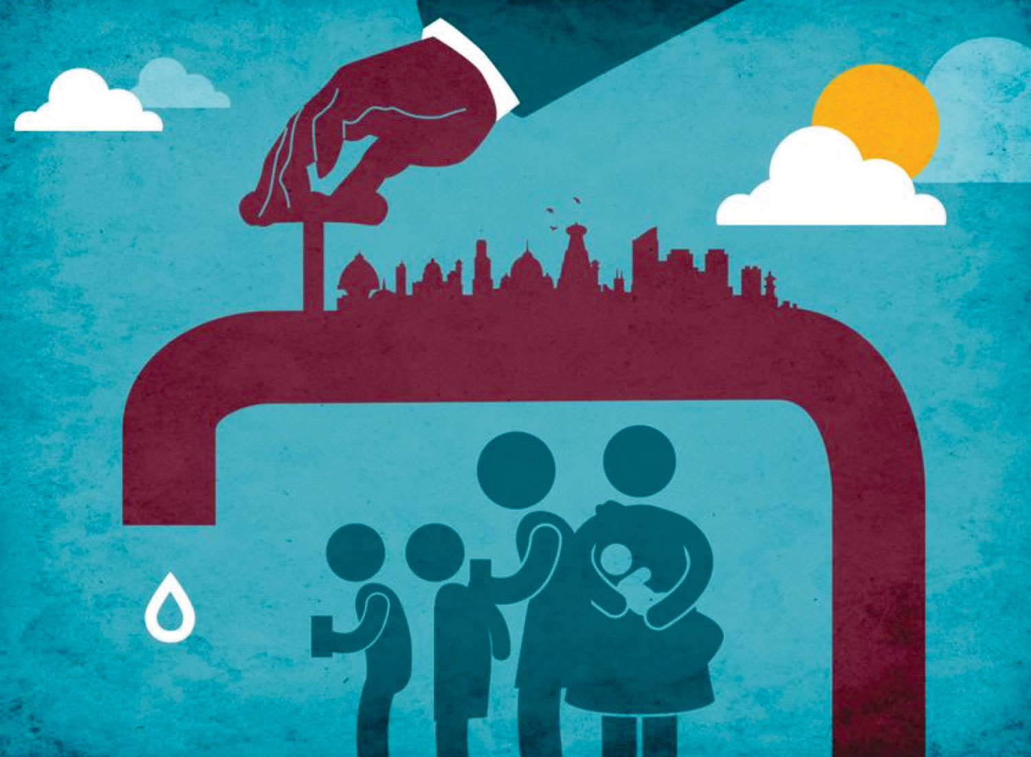 Illustration of a family under a city landscape that turns into a water faucet. A hand is reaching down from the sky to turn the faucet on