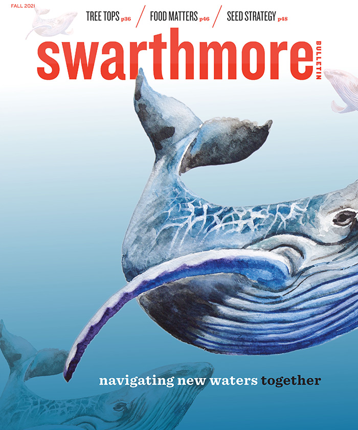 Cover of Fall 2021 issue of the Bulletin, featuring a whale and the tagline "navigating new waters together"