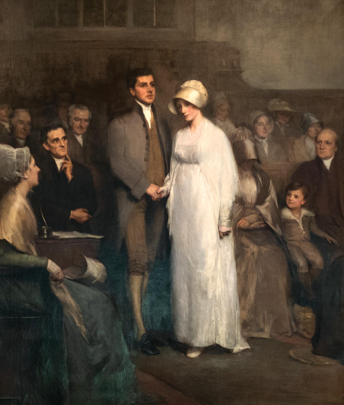 “A Quaker Wedding, 1820,” a painting of a man in a taupe 19th-century suit and a woman in a long, white dress and white bonnet, with guests surrounding them