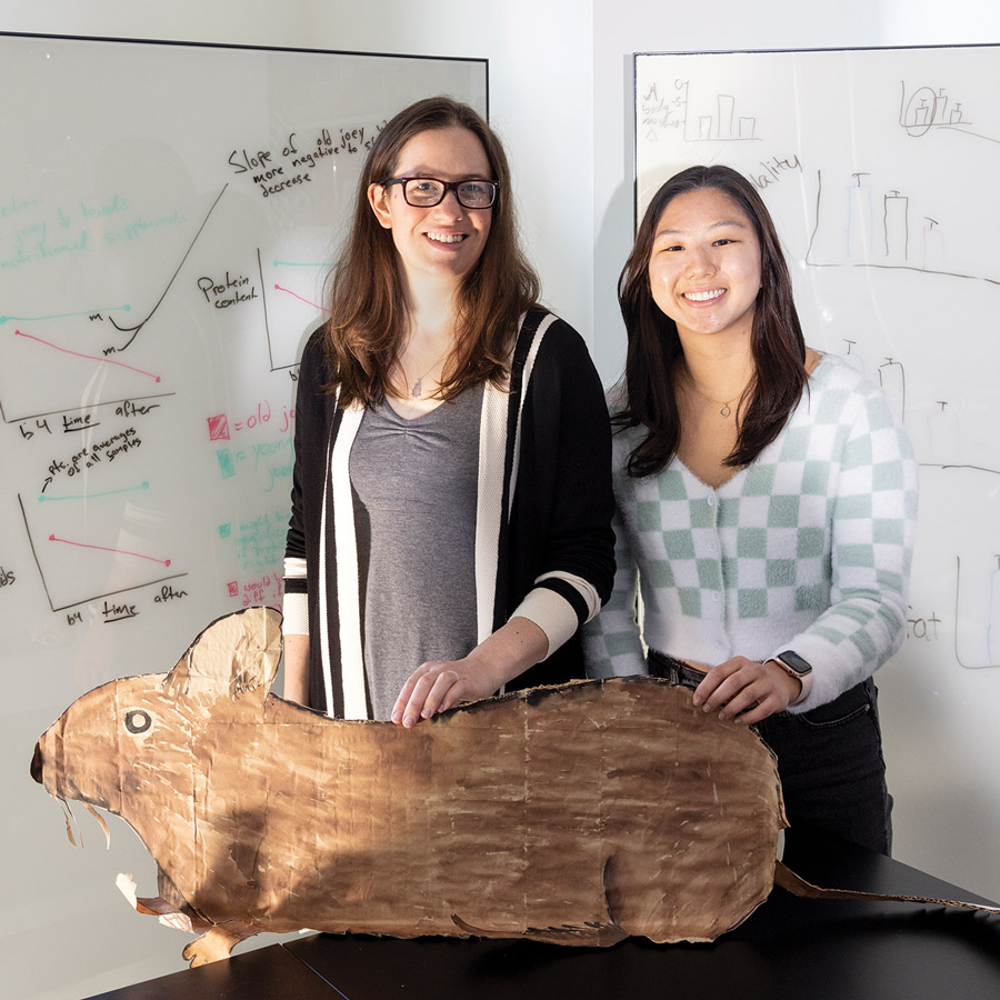 Carolyn Bauer and Daniela Kim smiling in a science lab, holding a large cutout of a degu. In the background are graphs drawn on a whiteboard.