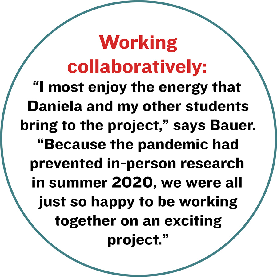 Working collaboratively:  “I most enjoy the energy that Daniela and my other students bring to the project,” says Bauer. “Because the pandemic had prevented in-person research in summer 2020, we were all just so happy to be working together on an exciting project.”