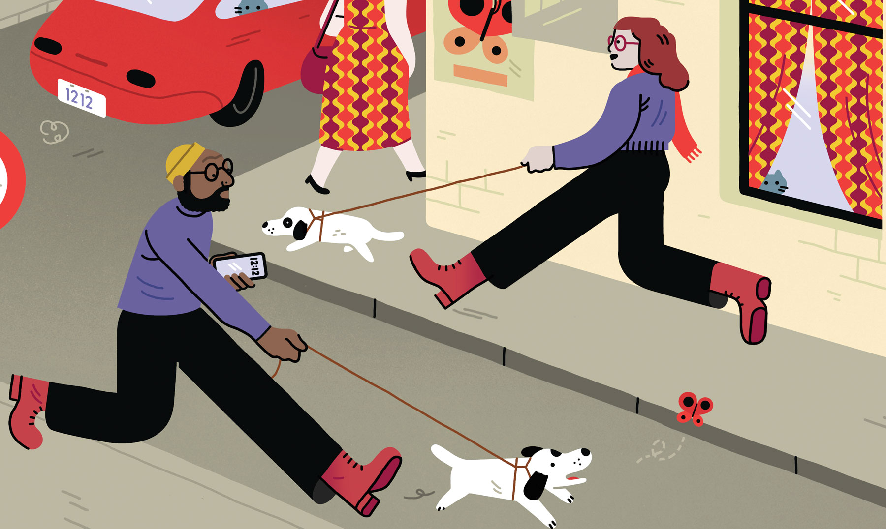 An illustration of man and woman walking their dogs on a busy street. They are wearing similar clothes with organ and red colors.