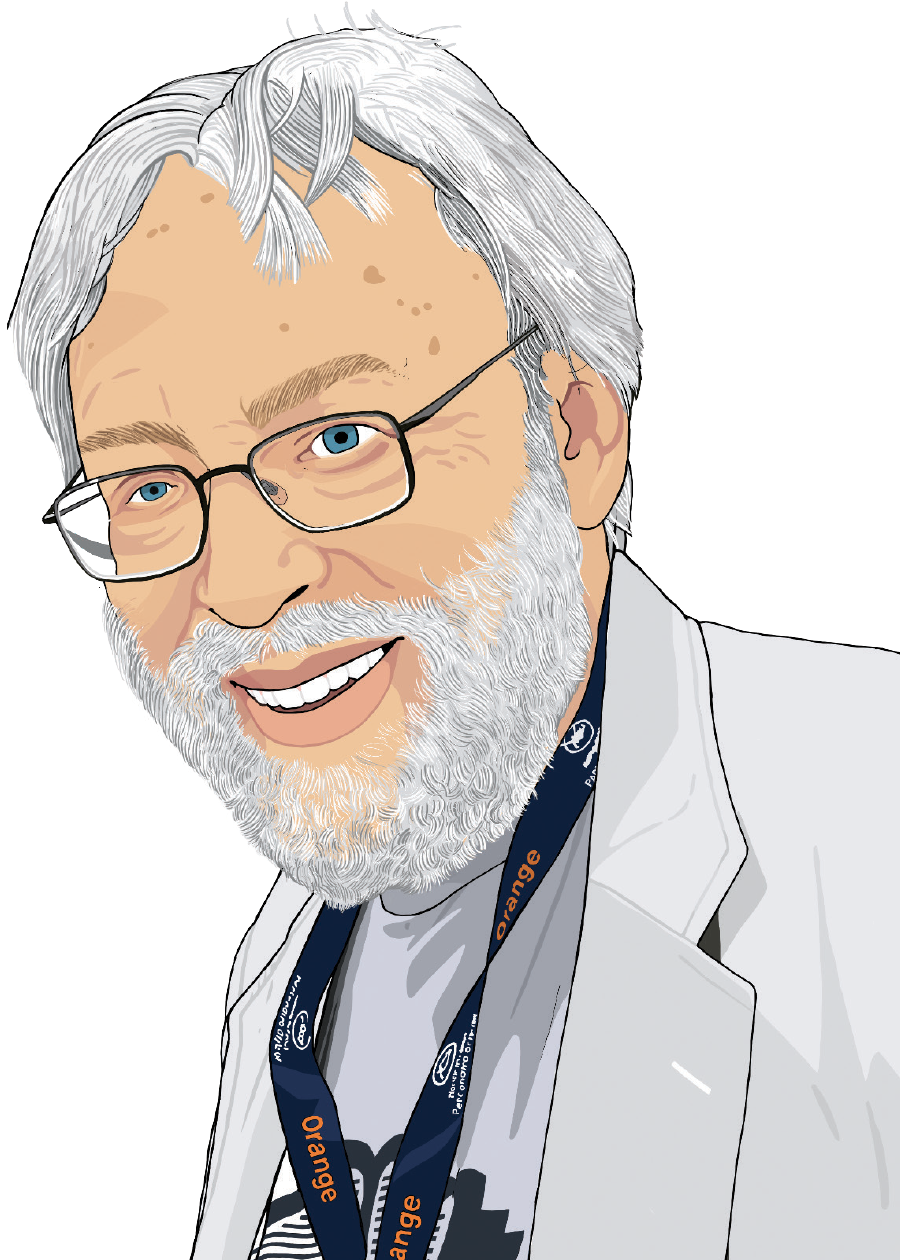 An illustration of a man with white hair and beard and glasses is smiling.