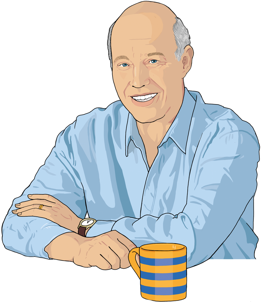 An illustration of a man with no hair in a blue shirt and a coffee mug in front of him 