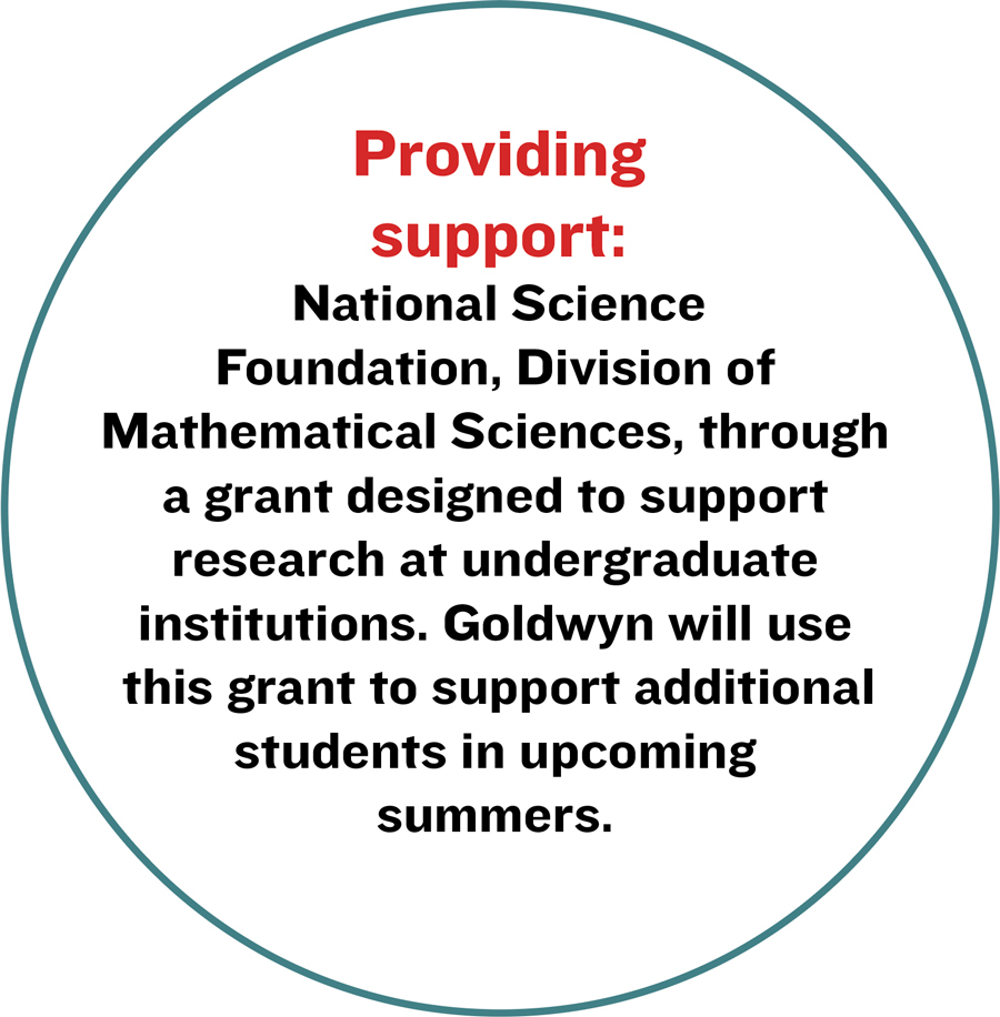 Providing support: National Science Foundation, Division of Mathematical Sciences, through a grant designed to support research at undergraduate institutions. Goldwyn will use this grant to support additional students in upcoming summers.