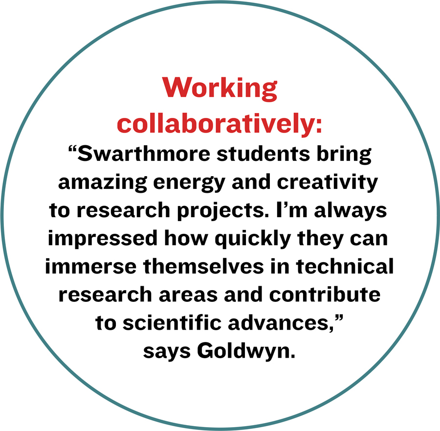 Working collaboratively: “Swarthmore students bring amazing energy and creativity to research projects. I’m always impressed how quickly they can immerse themselves in technical research areas and contribute to scientific advances,” says Goldwyn. 