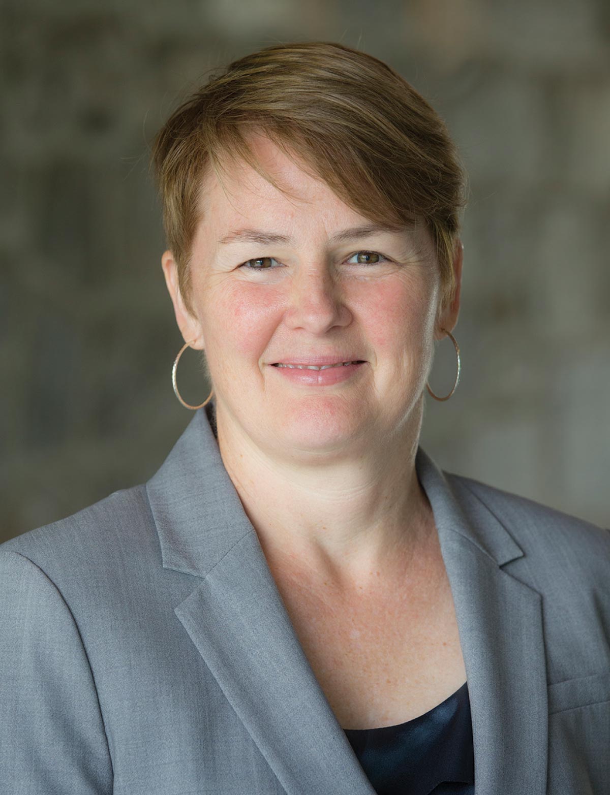 Headshot of Lisa Meeden wearing a gray suit. The background is browish-gray and out of focus.