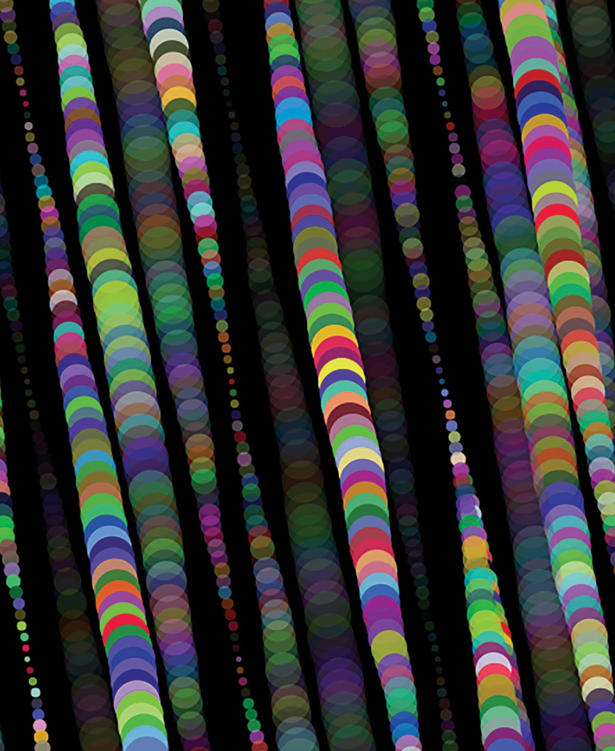 Lines made of colorful, overlapping dots of varying sizes on a black background. Some are in sharper focus than others.