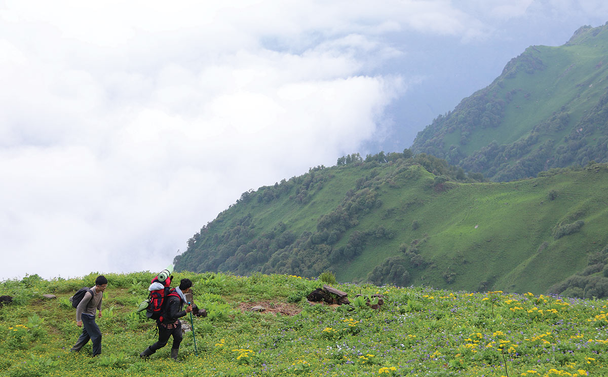 Wang hikes green mountains in India with a local guide.