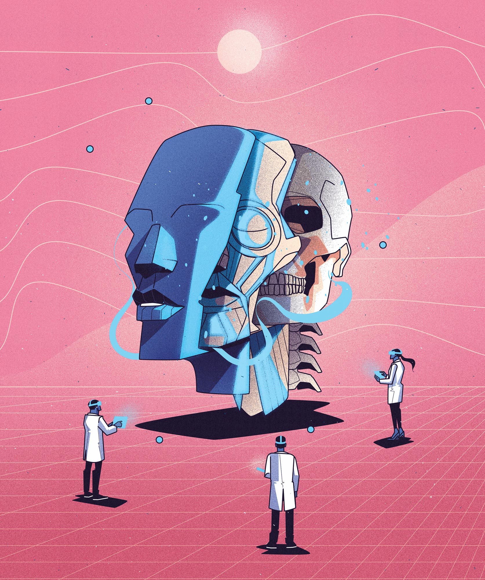 On a pink background, three small figures in lap coats observe a floating blue human head. The head is bisected to reveal three layers: skin, musculature, and skeleton.