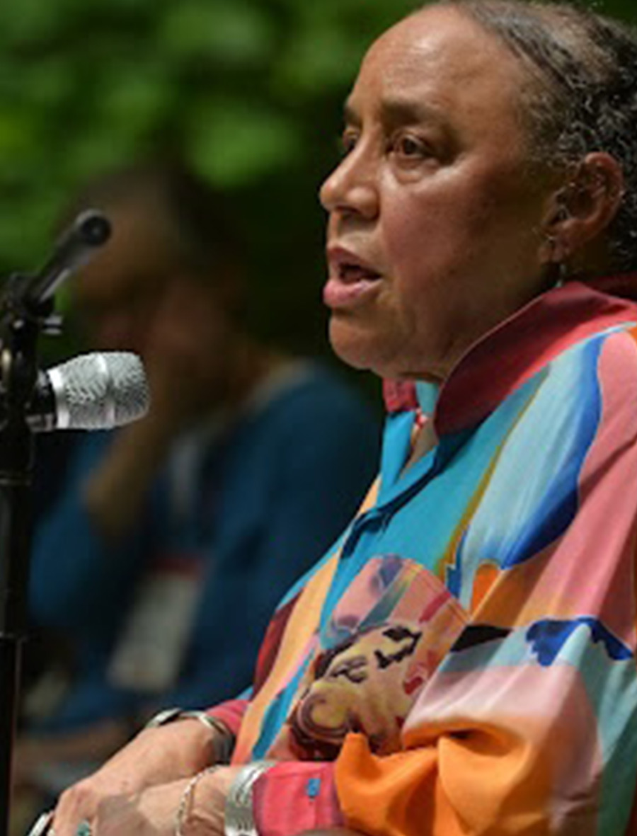 Rev. Paula Lawrence-Wehmiller sits before a microphone wearing a colorful shirt
