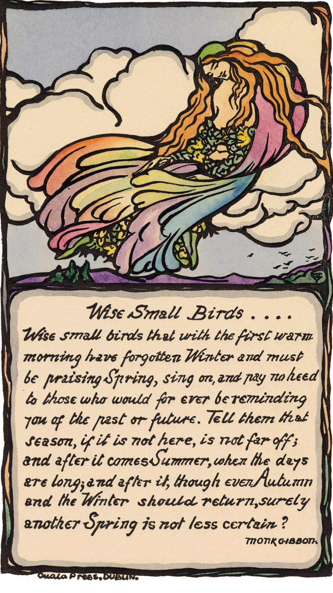 Woodblock print of a figure with long orange hair and rainbow-colored garments floating among the clouds. Under the illustration is a poem titled "Wise Small Birds."