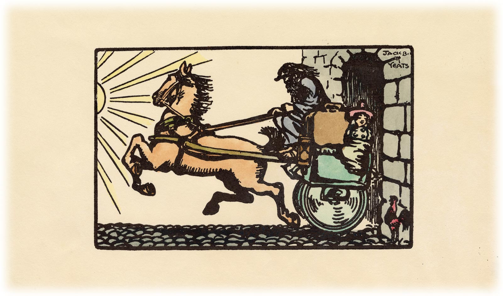Woodblock print of a horse, running left towards the sun, hitched to a carriage carrying an older man, a young child in a red hat, and a brown suitcase. A red rooster watches from the bottom right corner.