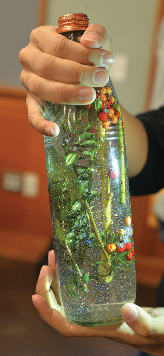 Hands hold a bottle filled with liquid, plant life, and glitter.