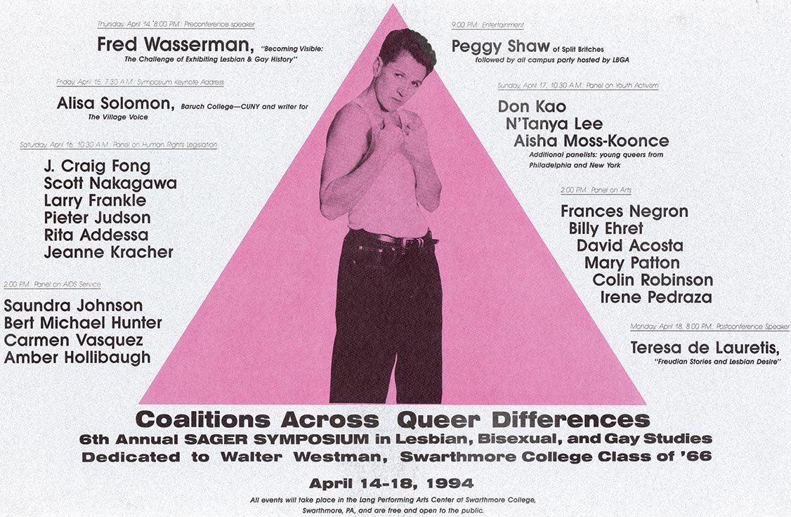 This poster, featuring a figure standing inside a pink triangle advertises the Sixth Annual Sanger Symposium in 1994. The theme was "Coalition Across Queer Differences"