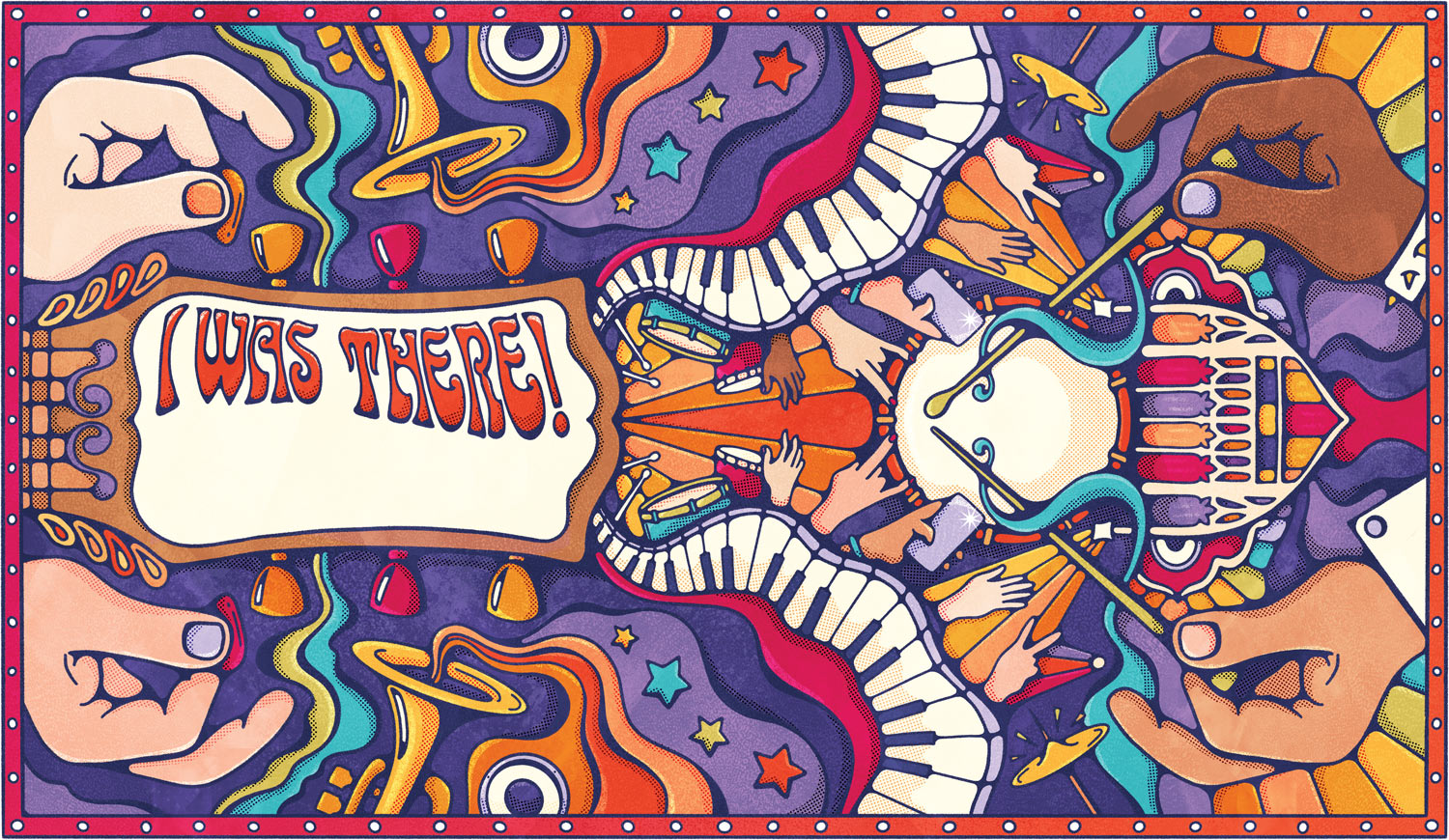 A multi-colored curvy illustration - Headline: I was there! Image features hands and musical instruments, including drums, trumpets, keyboards, and guitars, rendered with wavy lines in bright, creating a psychedelic effect.