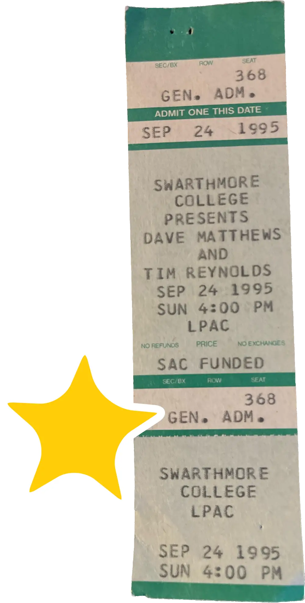 Ticket stub of Dave Matthews and Tim Reynolds from 1995