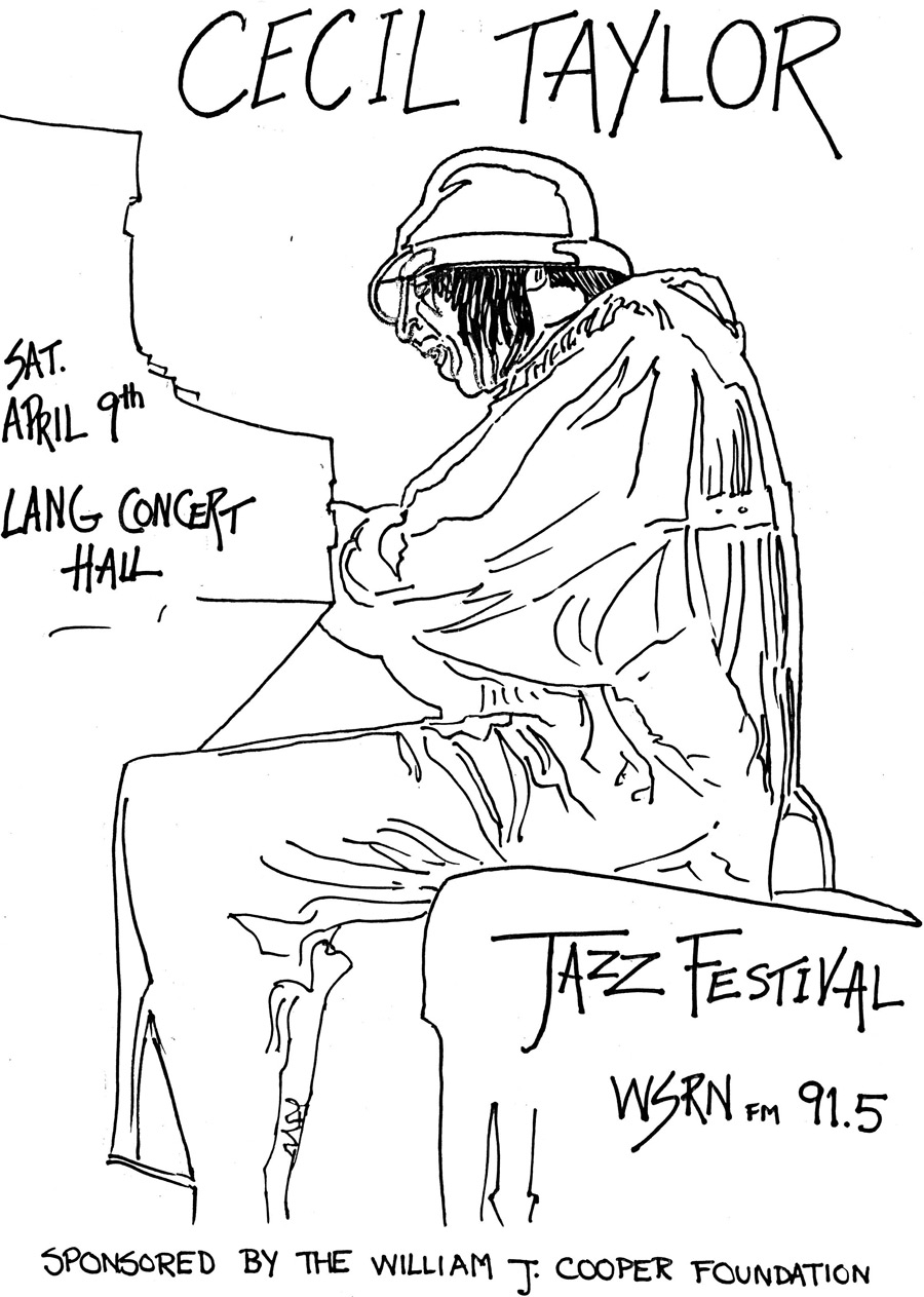 Line drawing of Cecil Taylor playing piano from a poster for his April 9, 1988 performance on campus.