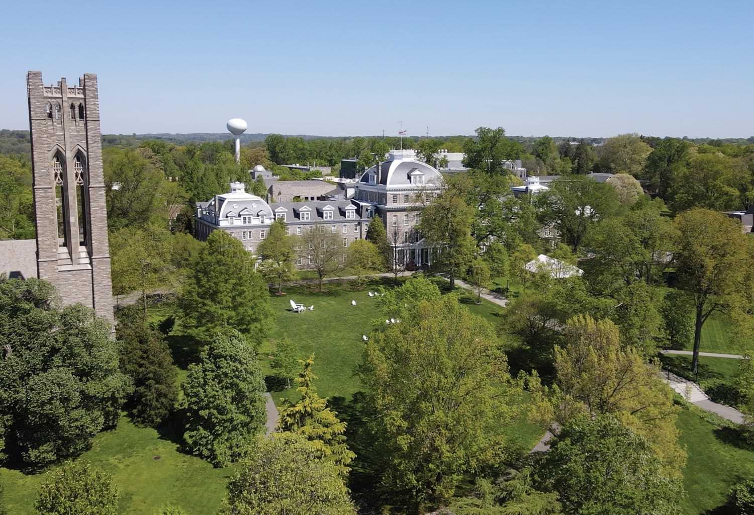Aerial long shot of Parrish Hall and Clothier Bell Tower