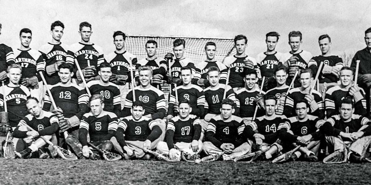 Black and white archival photo of the Swarthmore lacrosse team in the mid-1940s