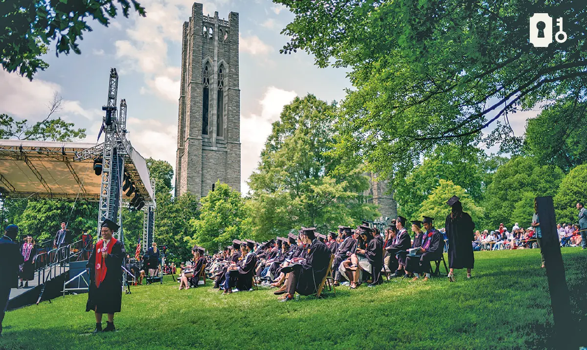 Commencement takes place with Clothier in the background.