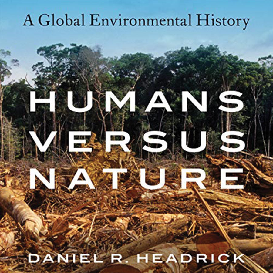 The cover of Humans Versus Nature features a photo of trees that have been cut down.