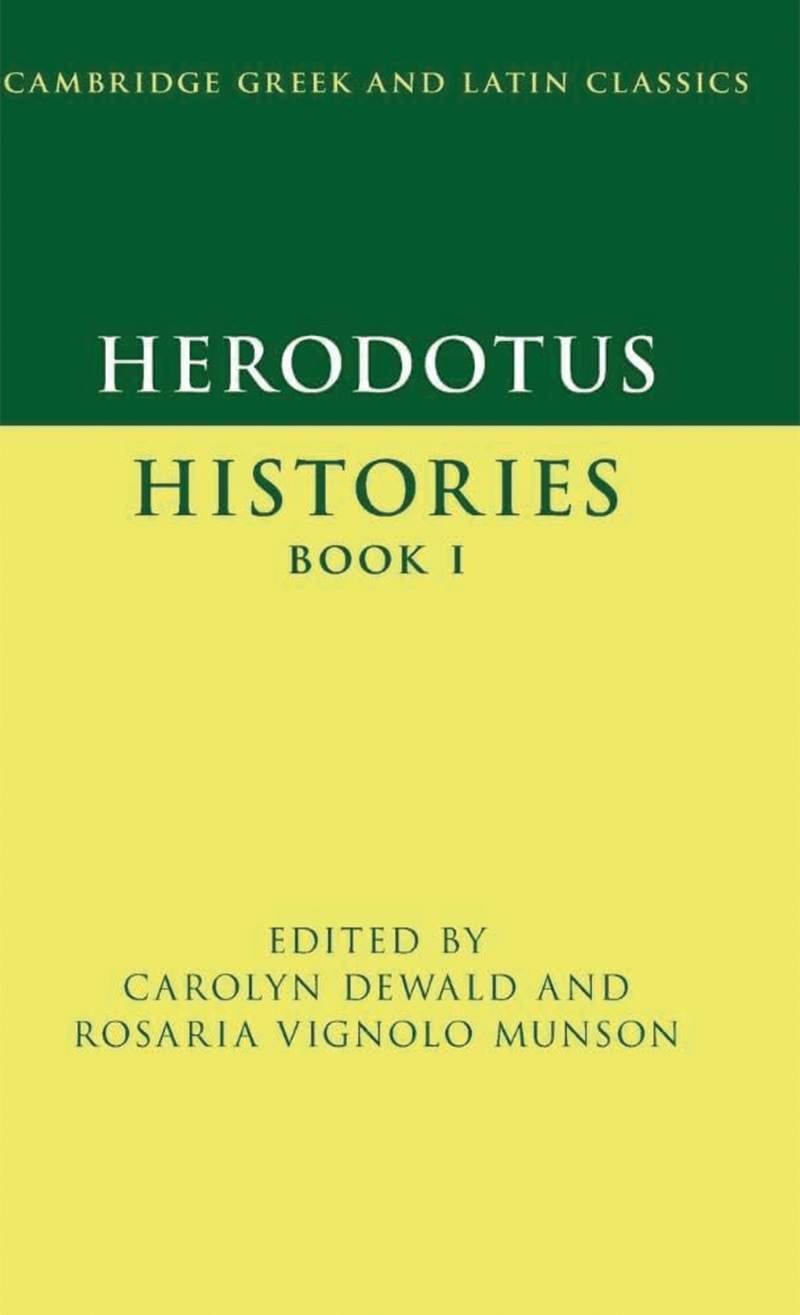 The cover of Herodotus' Histories is green with yellow text on top and yellow with green text on the bottom.
