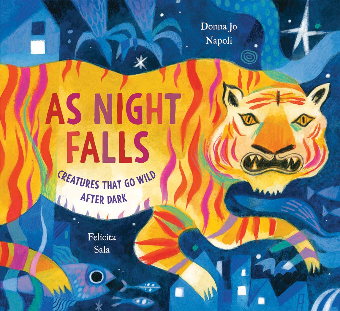 The cover of As Night Falls features an illustration of a bright yellow-orange tiger with red stripes on a blue background of talons, fish, and cityscapes.