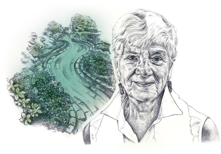 Black and white pencil portrait of Mary Rowe with greenery and winding road in the background.